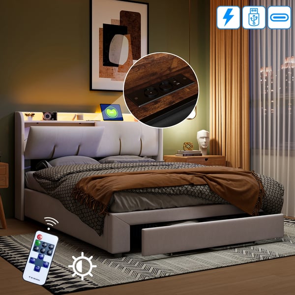 Parisänky, USB-latausportti, LED-valaistus, 160×200cm, Beige
