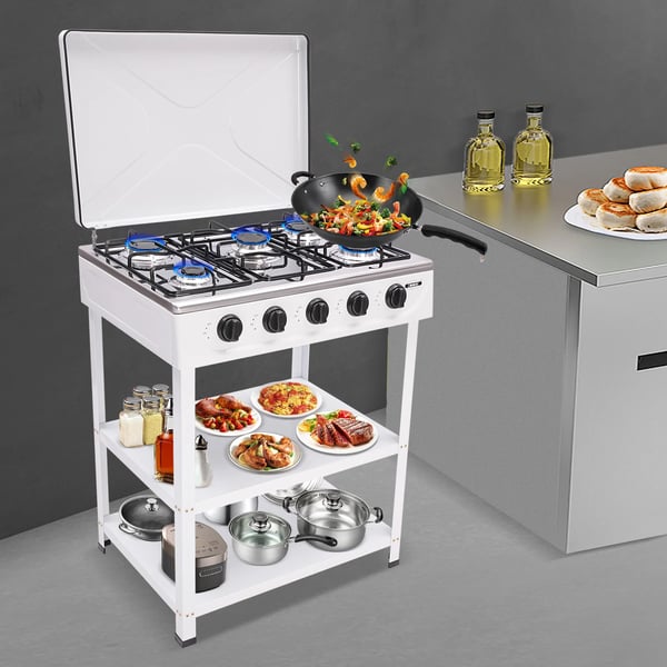 Gasgrill, 5-brænder konfiguration, 2,5 kW brænder, skridsikre fødder, LPG-kompatibel, effektivt design