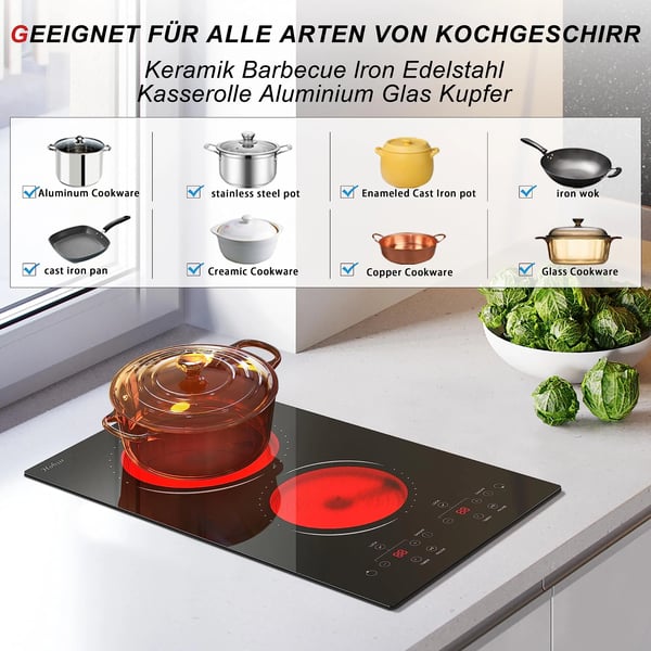 Glaskeramisk Kogeplade, 2 Kogezoner, Touchpad Kontrol,sort