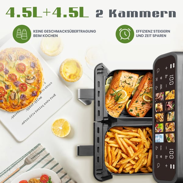 Luftfritös, Dubbelkorgsdesign, 10 Matlagningsprogram,EU, 2000W Ugn