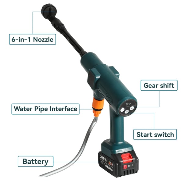 Bilvaskepistol, trådløs, højtryk,1 batteri 1 stik, EU