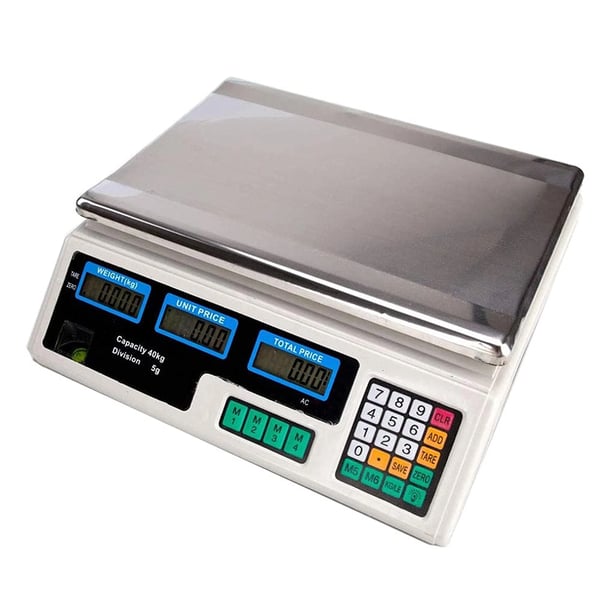Digital kommerciel vægt, maksimal vægt 40 kg, graduering 5 g, dimensioner 370x130x355 mm, strømindgang 110-240V, dobbeltsidet LED-skærm