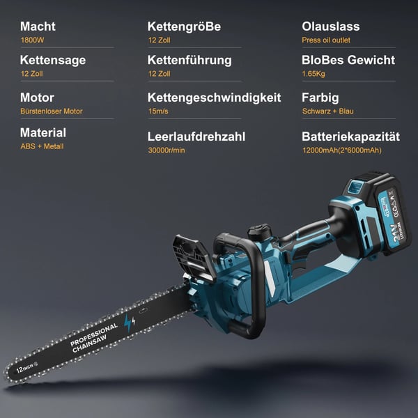 Mini motorsav, trådløs, letvægtsdesign, lang batterilevetid,12 inches, to batterier