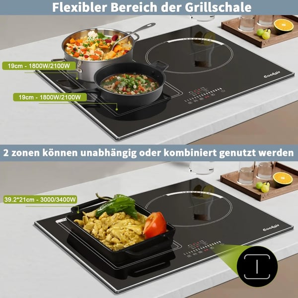 Induktionskogeplade, 3 kogezoner, berøringskontrolinterface, sort