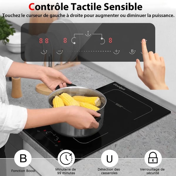 Induktionskogeplade, Dobbelt Madlavningszoner, Touchpad Kontrol,sort, EU