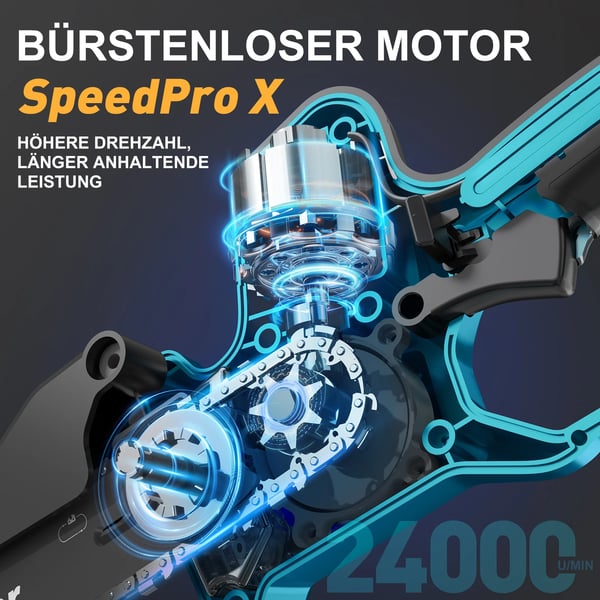 Mini kædesav, børsteløs motor, automatisk smøring,Blå, to batterier, 8 inches
