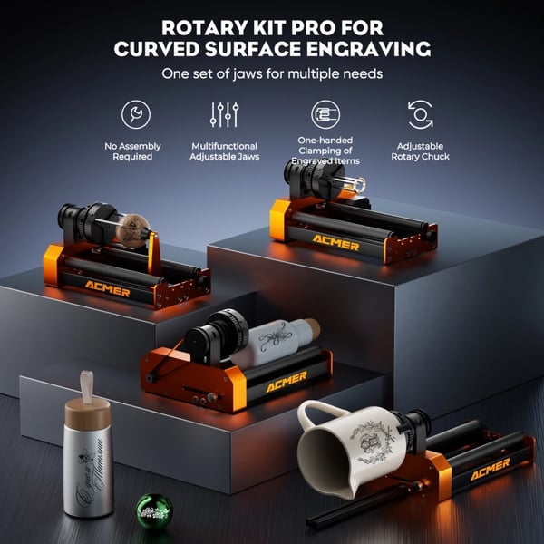 Lasergravering Rotationsmodul, 360° Rotation, Multifunktionelt Design,M4 Rotary og Chuck
