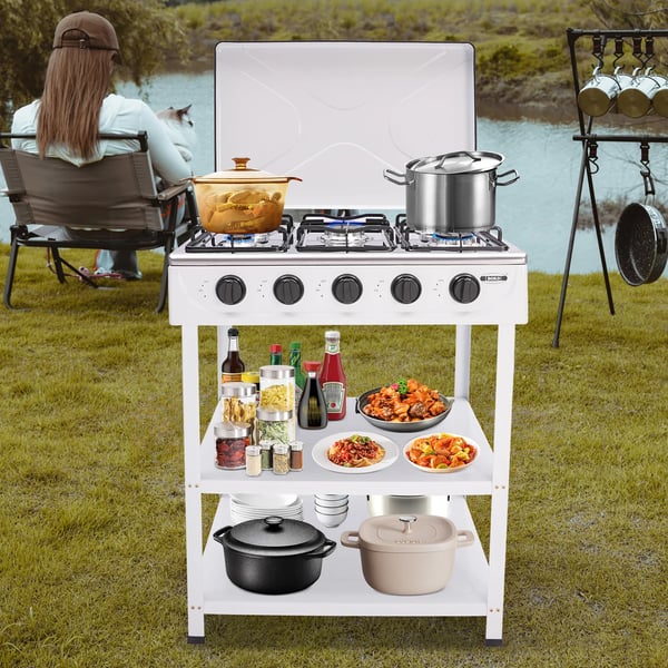 Gasgrill, 5-brænder konfiguration, 2,5 kW brænder, skridsikre fødder, LPG-kompatibel, effektivt design