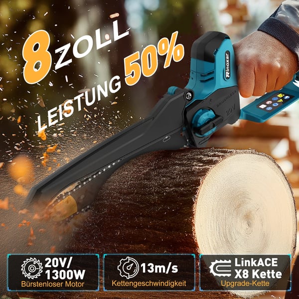 Mini kædesav, børsteløs motor, automatisk smøring,Blå, to batterier, 8 inches