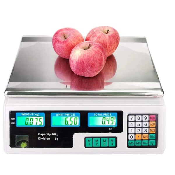 Digital kommerciel vægt, maksimal vægt 40 kg, graduering 5 g, dimensioner 370x130x355 mm, strømindgang 110-240V, dobbeltsidet LED-skærm