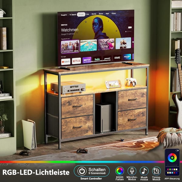 TV-bord, 4 skuffer, intelligent LED-belysning,Træfarve