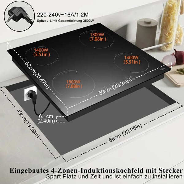 Induktionskogeplade, 4 zoner, 3500W, berøringskontrol,sort