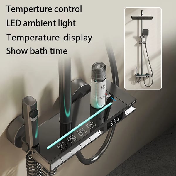 Duschsystem, LED-temperaturdisplay, termostatisk kontroll,Svart