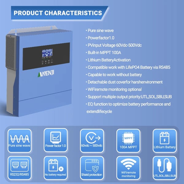 Sol inverter, ren sinuskurve, høj effektivitet,220-240V, ANJ-4000W-24V-WIFI, 24V