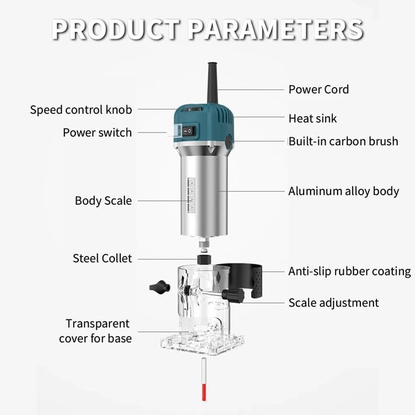 Træbeskærer, 800W Motorstyrke, 30000 RPM Hastighed, 6.35mm Klemclip, Aluminiumlegering Krop, CE Certificeret