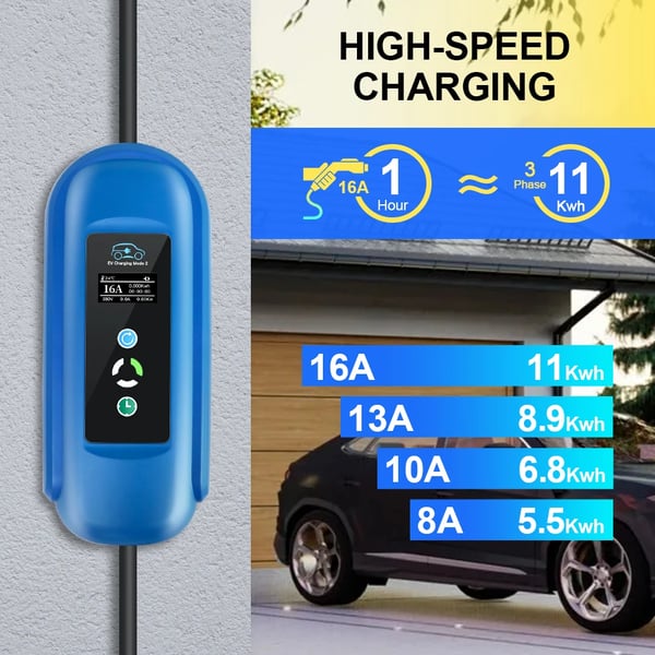 EV Bærbar Oplader, Justerbar Strøm, Vejrbestandig,TYPE2, 11KW Type 2 Total 5M