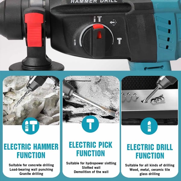 Rotary Hammer Boremaskine, 27mm Kapacitet, Genopladelig Drift,Med 2XBattery
