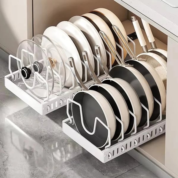 Gryder og Pander Organizer, Utrækkelig Låg Rack, Pladsbesparende Design,1 STK, 1-niveau, 42*21*3.2CM