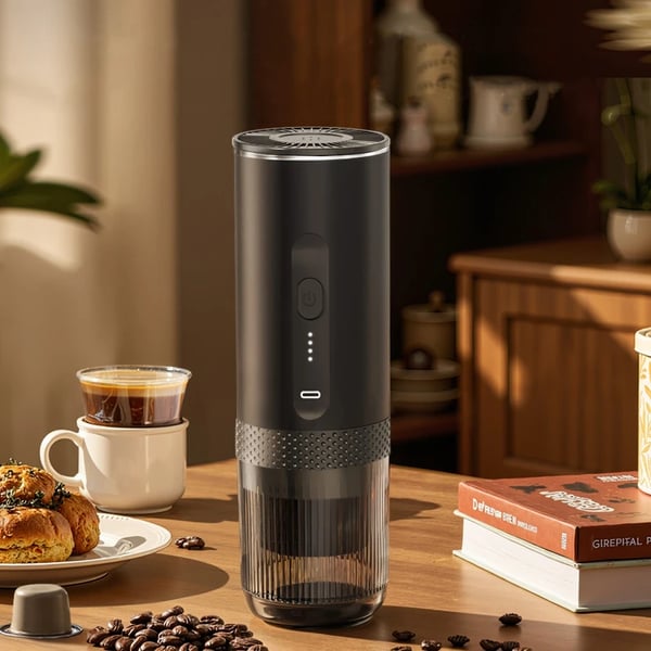 Espresso kaffemaskine, 80 ml vandtank kapacitet, 7500 mAh batterikapacitet, 20 Bar pumpetryk, trådløs design, betjening med ét tryk