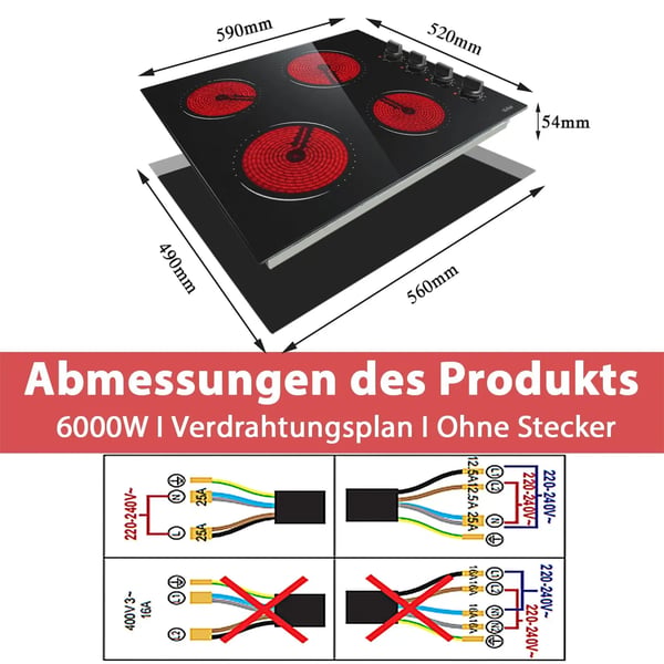 Glaskeramisk Kogeplade, 4 Zoner, 9 Effekttrin,sort