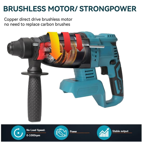 Rotary Hammer Boremaskine, 27mm Kapacitet, Genopladelig Drift,Med 2XBattery