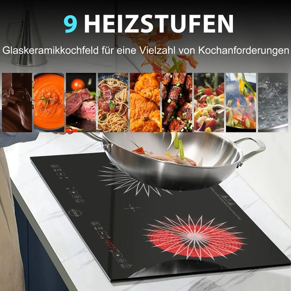 Glaskeramisk Kogeplade, Dobbelt Varmezoner, Touchpad Kontrol,sort