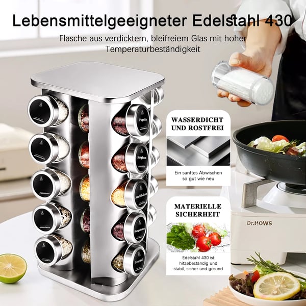 Krydderiglas Sæt, 360° Drejelig Krydderiholder, Moderne Design,20 krydderglas, M