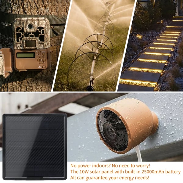 12V Trail Kamera Solpanel, 25000mAh Kapacitet, IP66 Vandtæt, DC Udgange 12V/2A, USB Udgange 5V/9V/12V, 10W Effektvurdering
