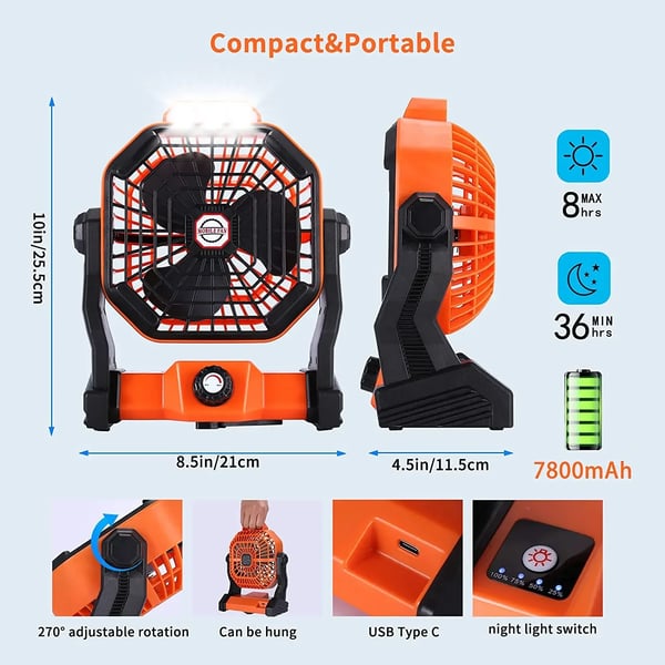 Campingvifte, USB-genopladelig, justerbar hastighed,Appelsin