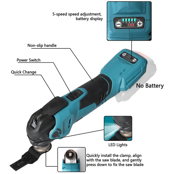 Oscillerende Multi-Værktøj, 5-Hastigheds Kontrol, Høj-Effektiv Motor,2 * 1500mAh batterier