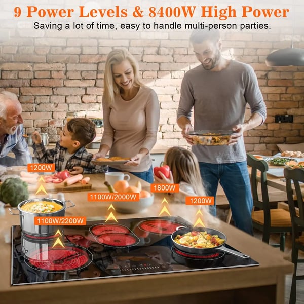 Elektrisk kogeplade, 8400W, 30,3" B x 20,5" D x 1,7" H, 220V - 240V, Kompatibel med alle gryder, Børnesikkerhedslås