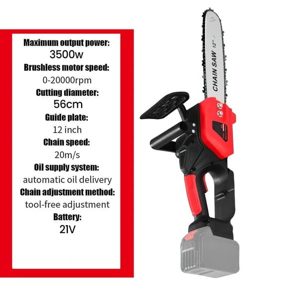 12 Tommer Elektrisk Motorsav, 3500W Effekt, 20000 RPM Hastighed,Med 2 batterier