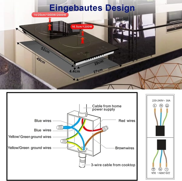 Keramisk kogeplade, 3200 W, 2 kogezoner, berøringskontrol, 29 x 52 x 4,4 cm, 220 V
