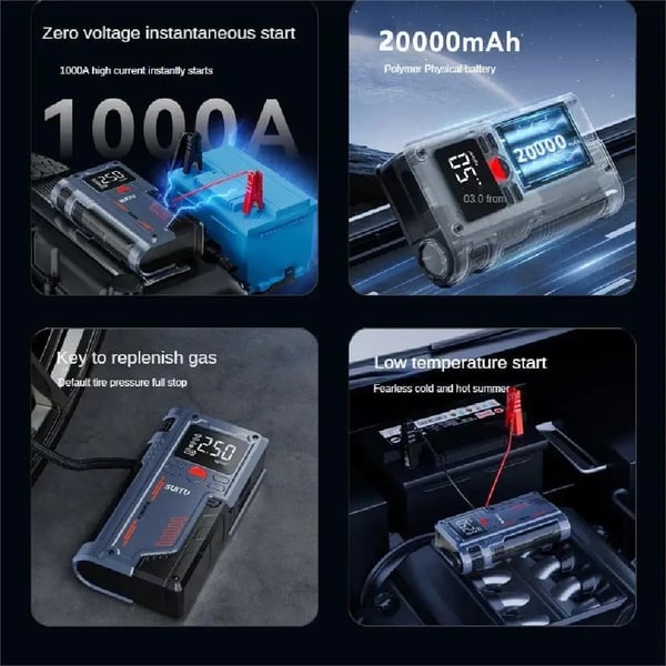 Bil Jump Starter, 20000 mAh Kapacitet, 150 PSI Luftkompressor, Letvægts 1234 g, 12V Udgangsspænding, Kompakt Design