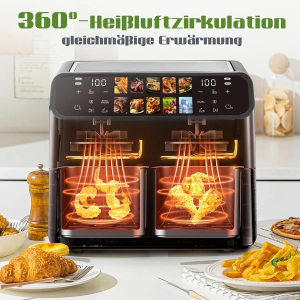 Luftfritös, Dubbelkorgsdesign, 10 Matlagningsprogram,EU, 2000W Ugn