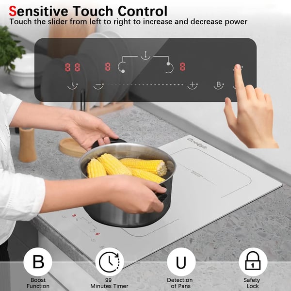 Induktionskogeplade, Dobbelt Madlavningszoner, Touchpad Kontrol,hvid farve, EU