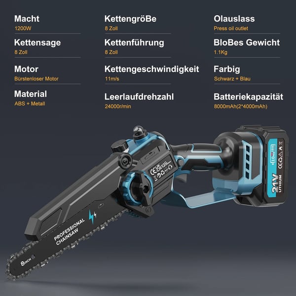 Kædesav, 8000mAh Batteri, Letvægtsdesign,Blå, to batterier, 8 inches