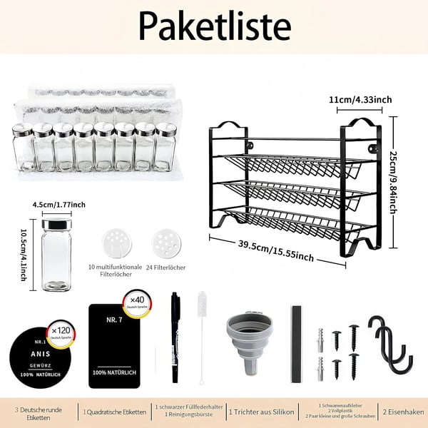Betingelsesrack, Tre-niveau design, Inkluderer 24 glasbeholdere,Krydderiglas Sæt, M, 3-lags