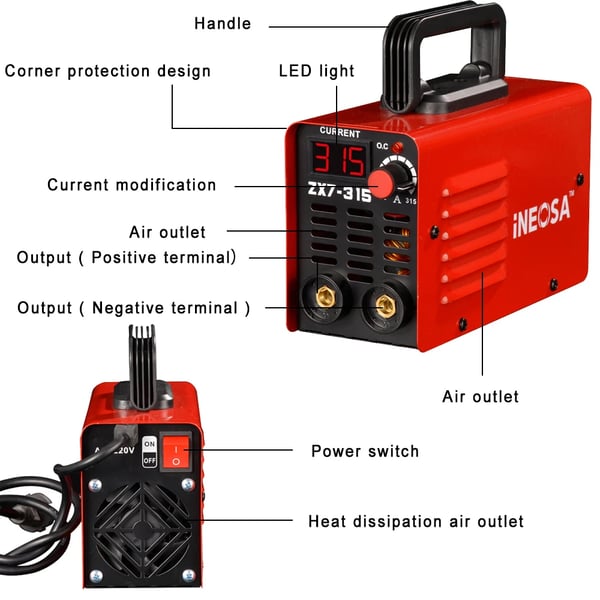Svejs inverter, 315A kapacitet, 230V spænding, understøtter 1/16”-1/8” stænger, letvægts 3,6 kg, beskyttelsesfunktioner inkluderet