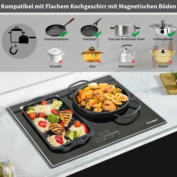 Induktionskogeplade, 3 kogezoner, berøringskontrolinterface, sort