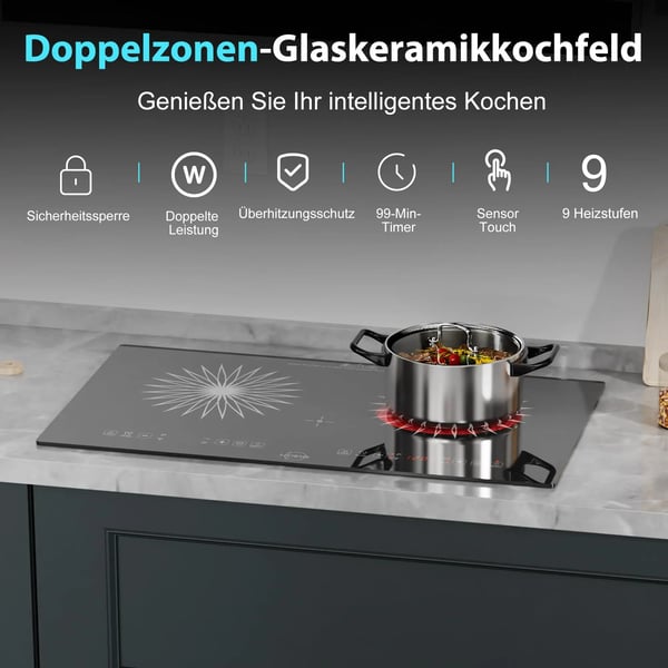 Glaskeramisk Kogeplade, Dobbelt Varmezoner, Touchpad Kontrol,sort