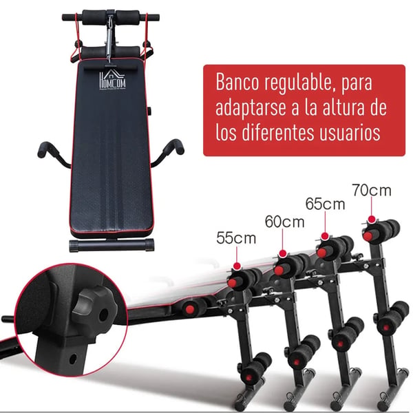 Abdominalbænk, Justerbar Højde 50-68 cm, Maksimal Belastning 120 kg, Dimensioner 55,5x137,5 cm, Materiale Stål, Inkluderede Tilbehør 2 Spændingsreb