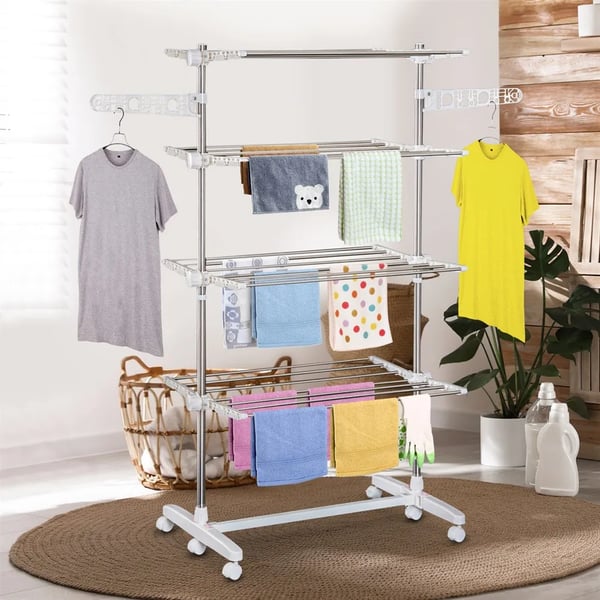 Tørrerack, Foldbart, 4 Niveauer, 80-142 x 55 x 172 cm, Plastmateriale, 6 Hjul