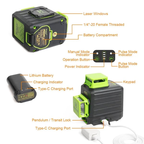 Laser Niveau, ±1/9 Tomme Præcision, 360° Projektion, IP54 Vand-/Støvmodstand, 3.7V Li-ion Batteri, Type-C Opladning