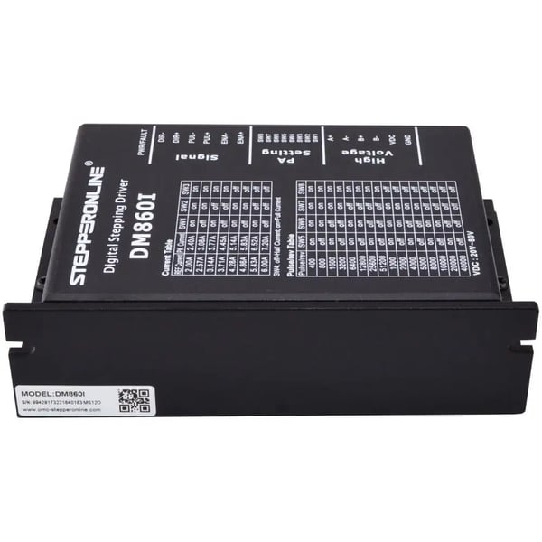 Stepper motor driver, indgangsspænding 20-80V, mikrostepping 400-51200, CE- og RoHS-certificeret.