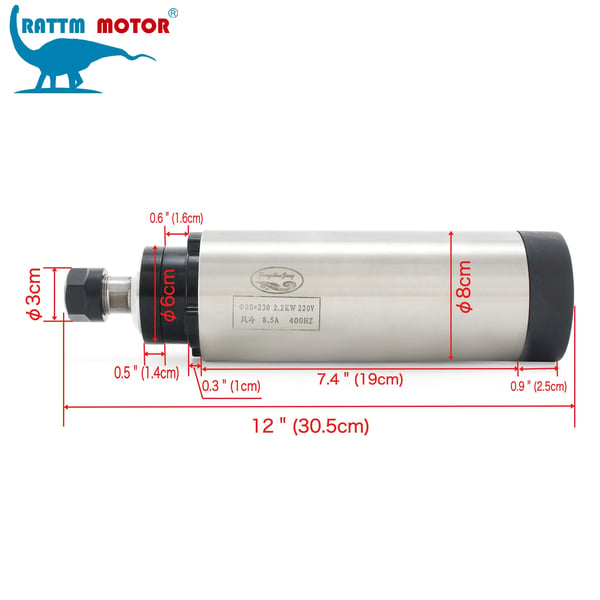 Spindelmotor, 2,2 kW, 220 V, Luftkølet, 10-24000 omdr./min, 80 x 224 mm