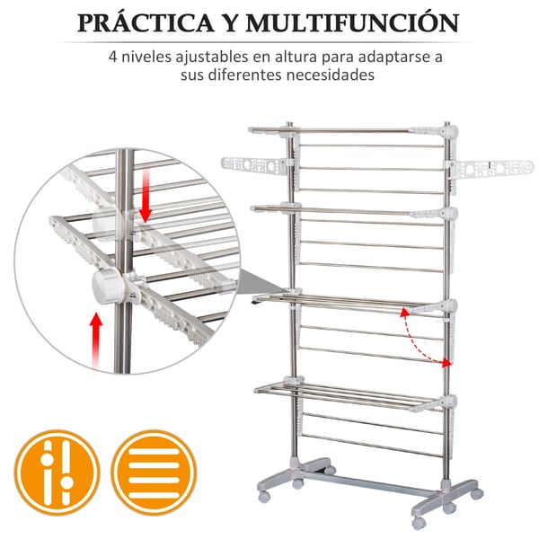 Tørrerack, Foldbart, 4 Niveauer, 80-142 x 55 x 172 cm, Plastmateriale, 6 Hjul