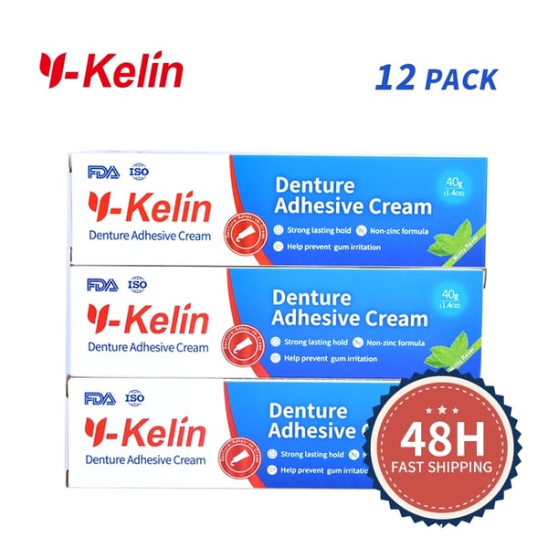 Tandproteseklæbende Creme, 40g pr. Tube, 12 Tubes, Mintsmag, Uden Zink, 3 Års Holdbarhed