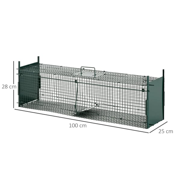 Levende dyrefælde, stålmateriale, dimensioner 100 cm x 25 cm x 28 cm, egnet til små til mellemstore dyr, værktøjsfri samling, letvægtsdesign