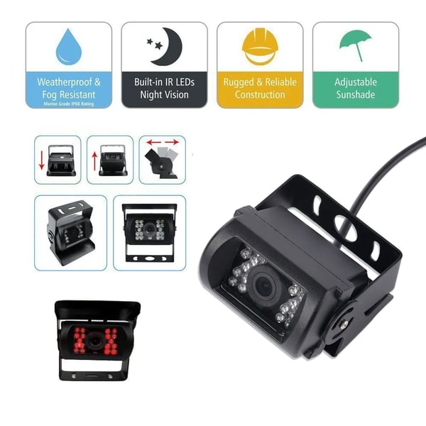 Backup kamera system, 7 tommer skærm, 800x480 opløsning, dual videoindgange, vandtæt IP67, DC 12V - 24V